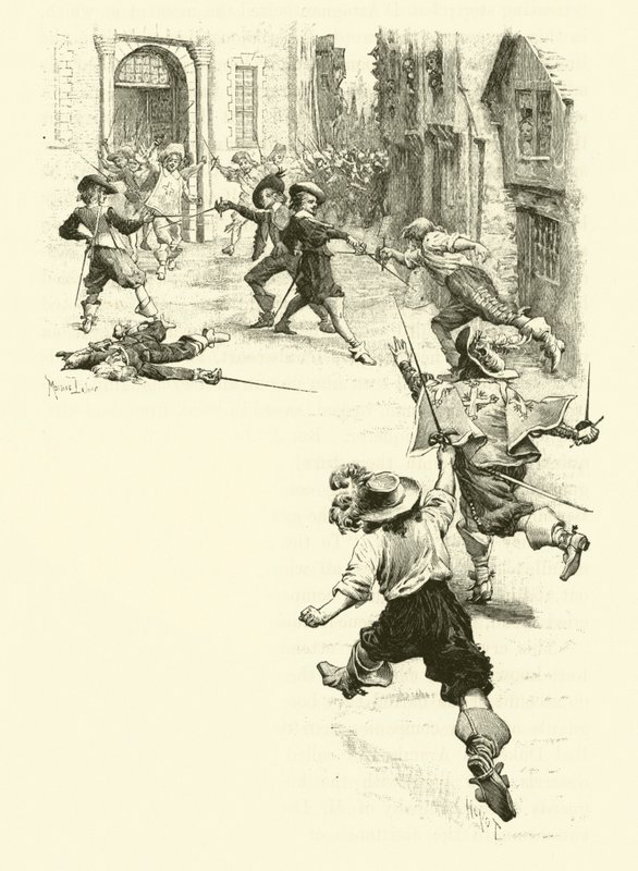 Illustration för De tre musketörerna (gravyr) av Maurice Leloir