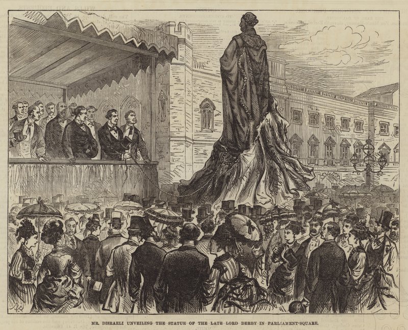 Disraeli avtäckte statyn av den avlidne lord Derby på Parliament-Square. av Melton Prior