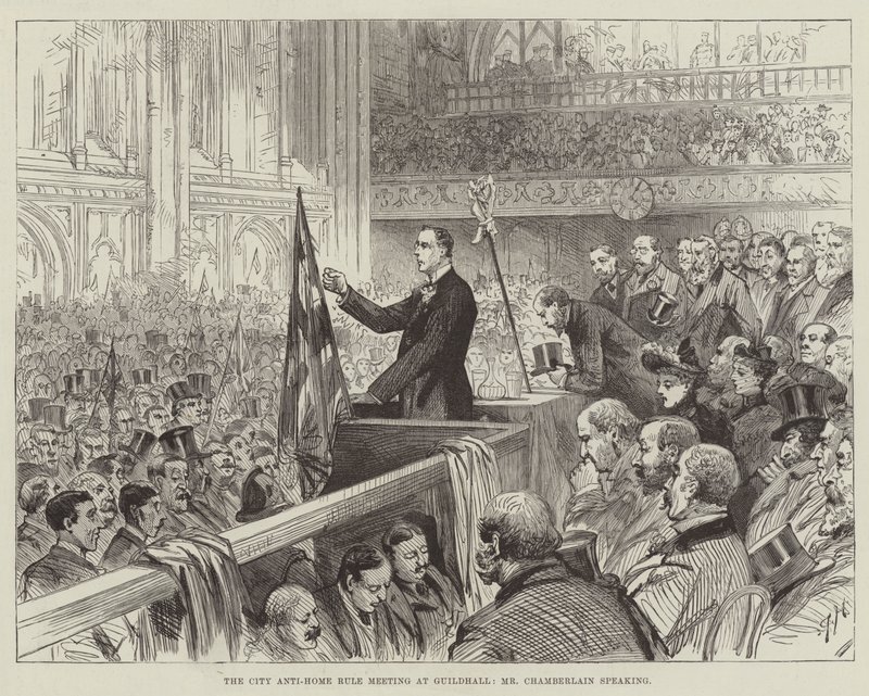 Stadens anti-hemstyremöte i Guildhall, Mr Chamberlain talar av Melton Prior