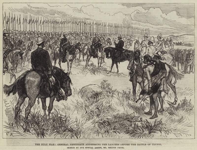 Zulukriget, general Newdigate talar till Lancers före slaget vid Ulundi. av Melton Prior