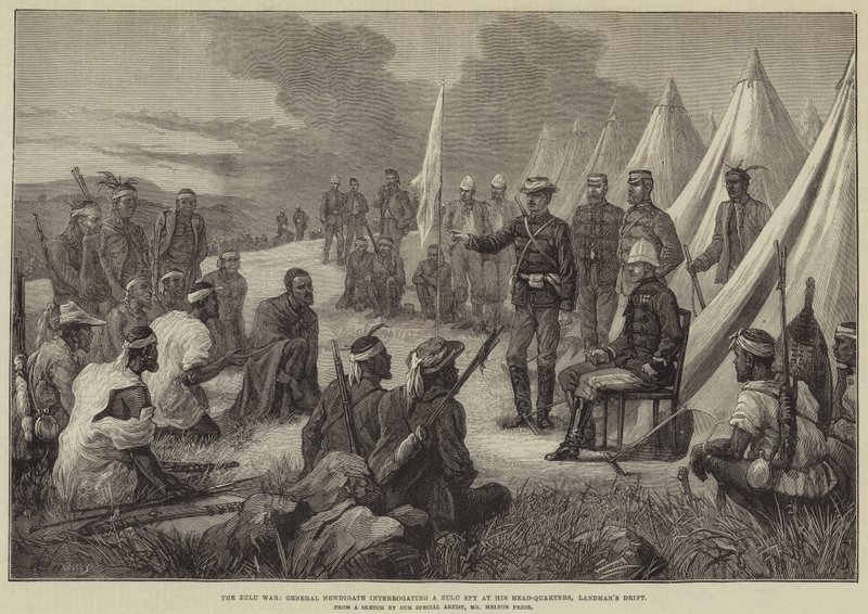 Zulukriget, general Newdigate förhörde en zuluspion i sitt högkvarter i Landman