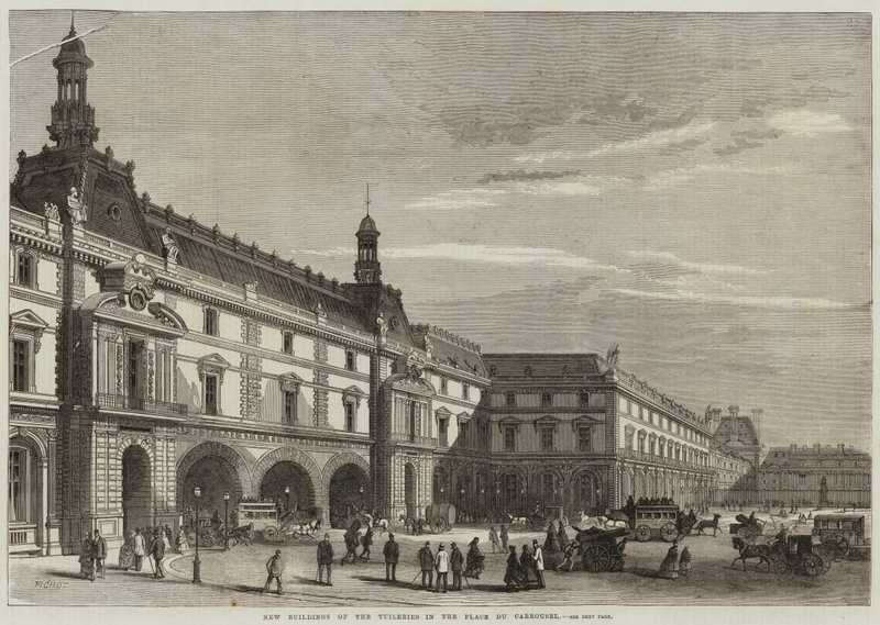Nya byggnader i Tuilerierna på Place du Carrousel av Michel Charles Fichot