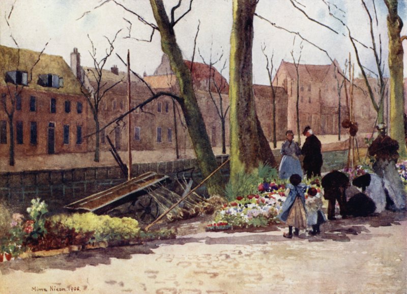 Blomstermarknad, Haarlem (färg litho) av Mima Nixon