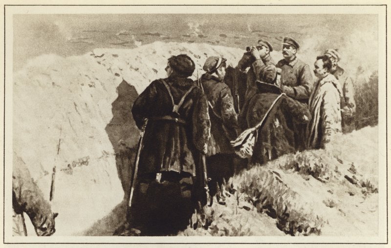 Bolsjevikernas befälhavare Josef Stalin och Kliment Voroshilov i skyttegravarna av Tsaritsyn, ryska inbördeskriget, 1918 av Mitrofan Borisovic Grekov