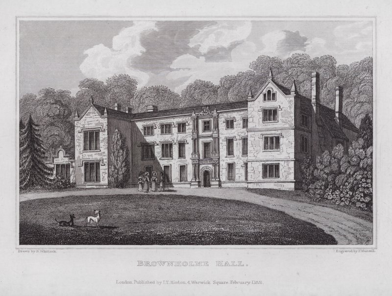 Brownholme Hall (gravyr) av Nathaniel (after) Whittock