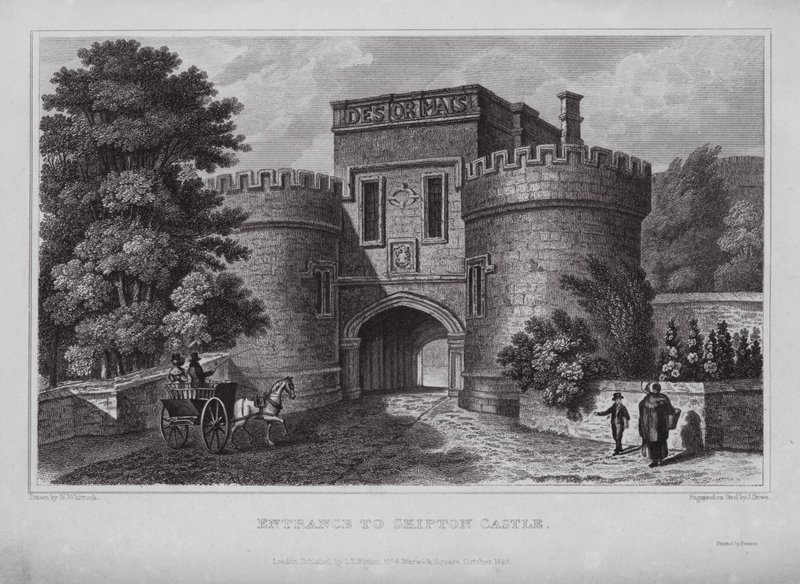 Ingång till Skipton Castle (gravyr) av Nathaniel (after) Whittock