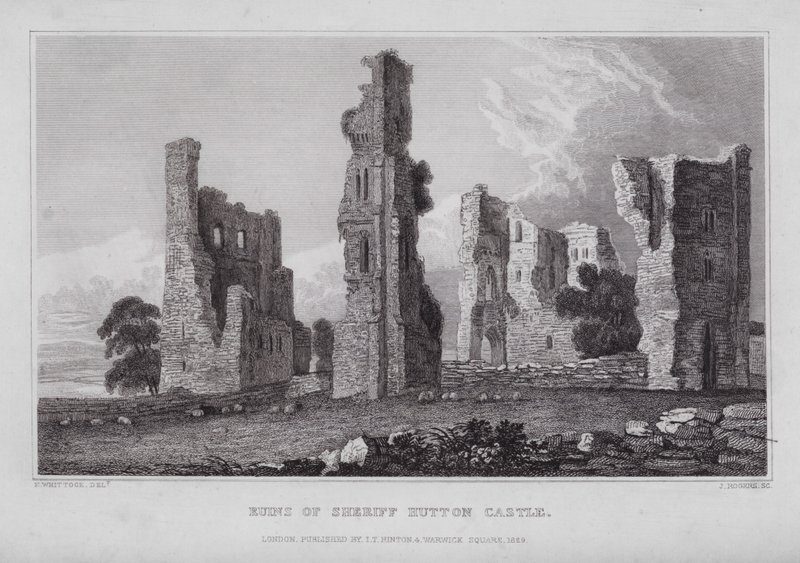 Ruinerna av Sheriff Hutton Castle (gravyr) av Nathaniel (after) Whittock