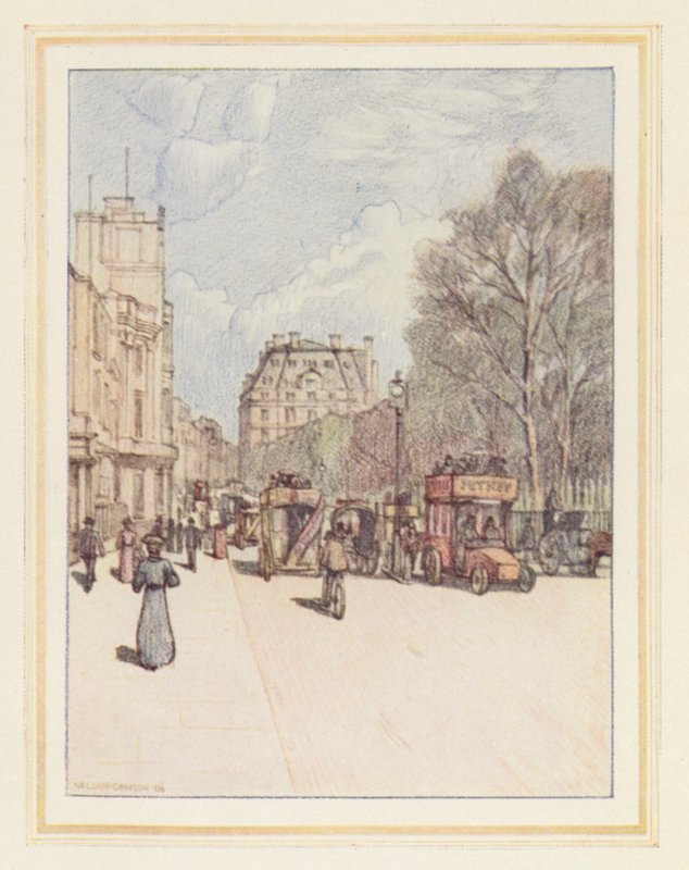 Piccadilly med utsikt mot öster (färglitografi) av Nelson Dawson