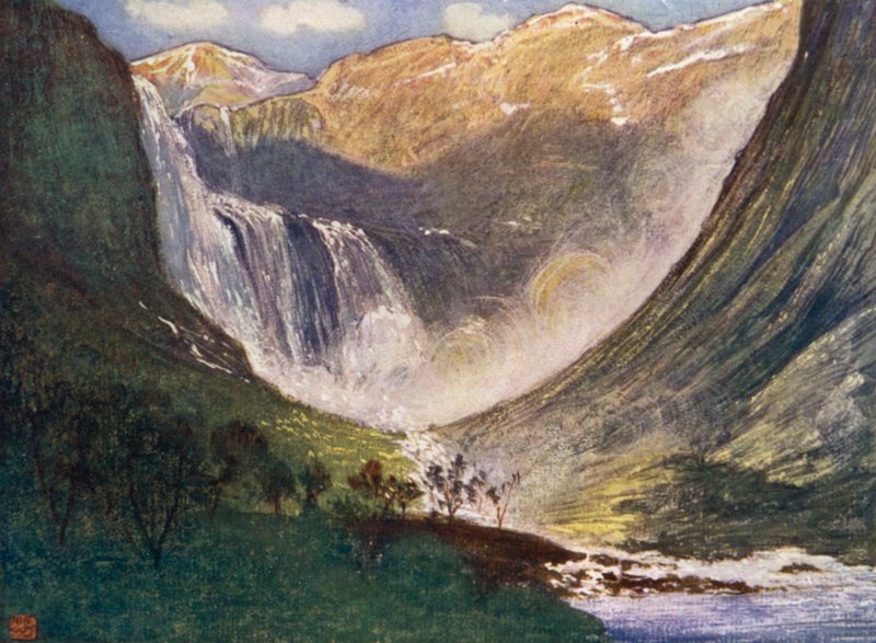 Norge: Skjaeggedalsfos, Hardanger (färg litho) av Nico Jungman