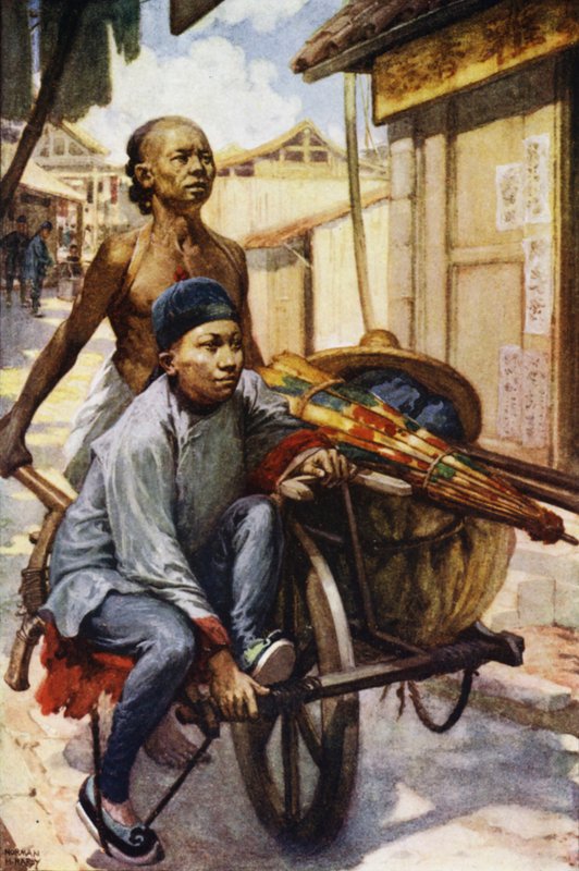 Kina: En skottkärra (färg litho) av Norman Hardy