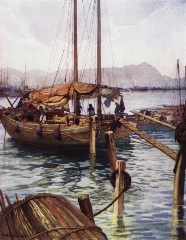 Kina: Hong Kongs hamn (färg litho) av Norman Hardy