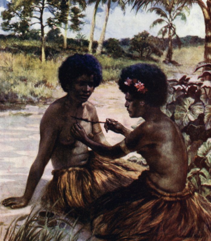 Tatuering, Brittiska Nya Guinea (färg litho) av Norman Hardy