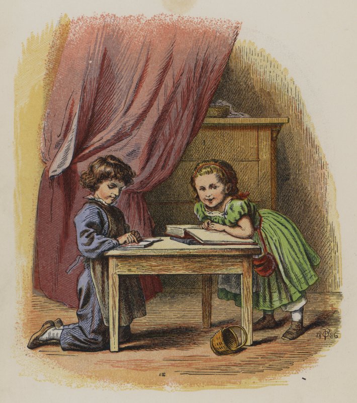 Två barn som läser böcker (färg litho) av Oskar Pletsch