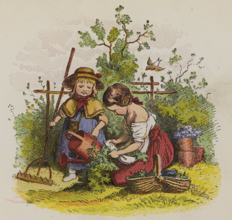 Två flickor trädgårdsarbete (färg litho) av Oskar Pletsch