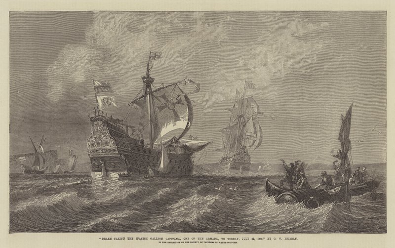 Drake tar med den spanska galjonen Capitana, One of the Armada, till Torbay, 22 juli 1588, i utställningen av Society of Painters in Water Colours av Oswald Walters Brierly