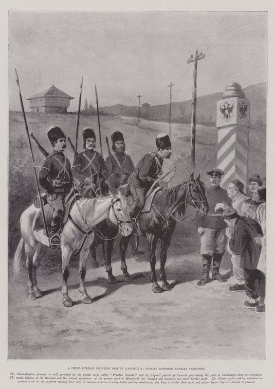 En kinesisk-ryskt gränspost i Manchuriet, kuli som går in på ryskt territorium. av Paul Frenzeny