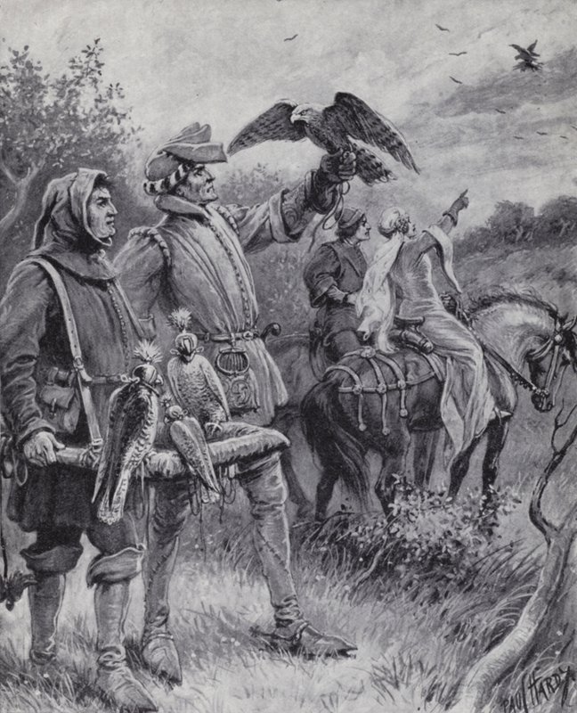 Falkejakt under medeltiden (litho) av Paul (after) Hardy
