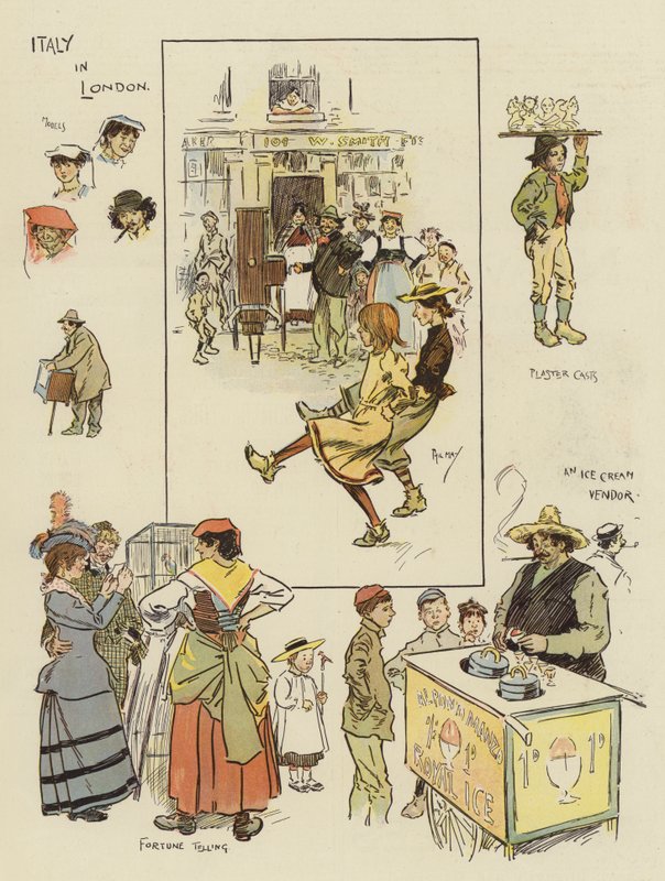 Italien i London (chromolitho) av Phil May