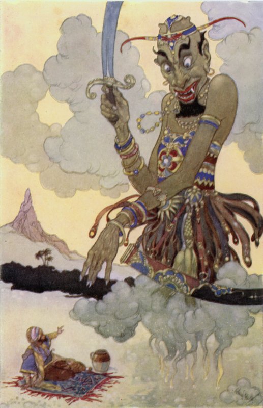 An Angry Genie (färg litho) av René Bull