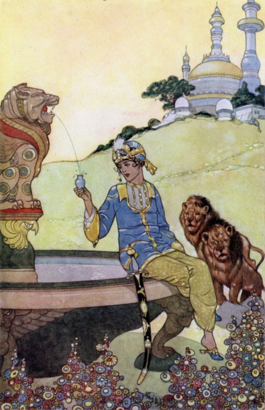 Prins Ahmed fyller sin flaska (färg litho) av René Bull