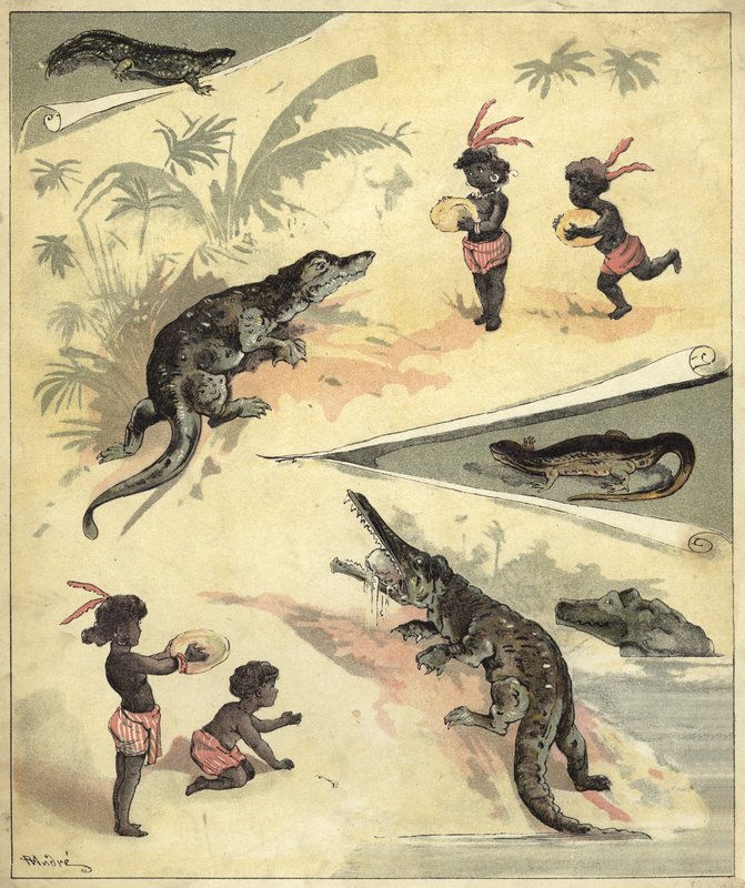 Afrikanska barn som leker med krokodiler (chromolitho) av Richard Andre