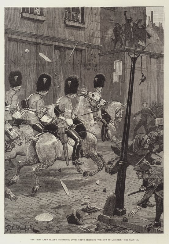 Den irländska agitationen inom Land League, Scots Greys som attackerar maffian i Limerick av Richard Caton Woodville junior