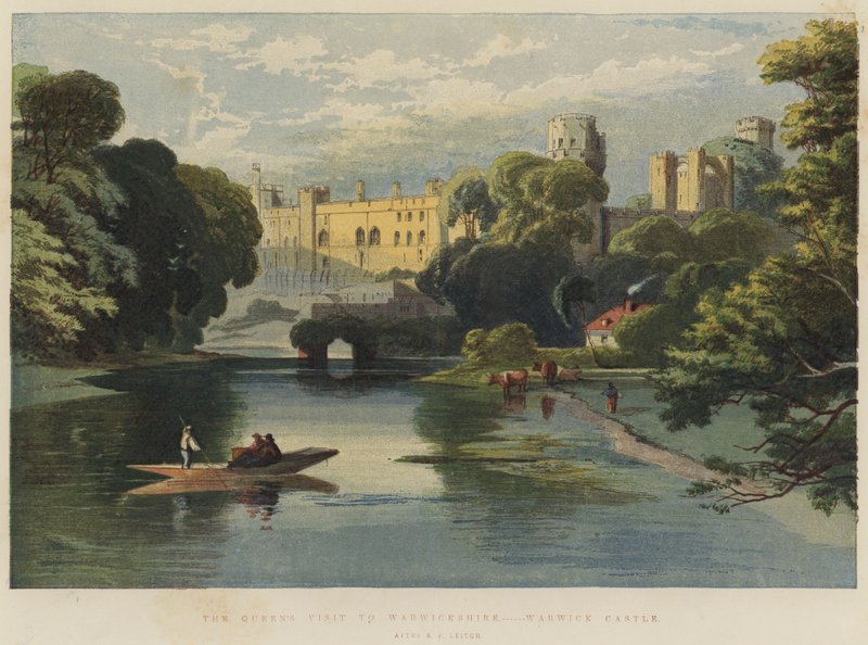 Drottningens besök i Warwickshire, Warwick Castle (chromolitho) av Richard Principal Leitch