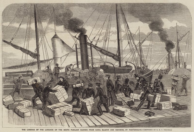 The Landing of the Baggage of the Scots Fusilier Guards från HMS Blazer and Rainbow, i Portsmouth av Richard Ubsdell