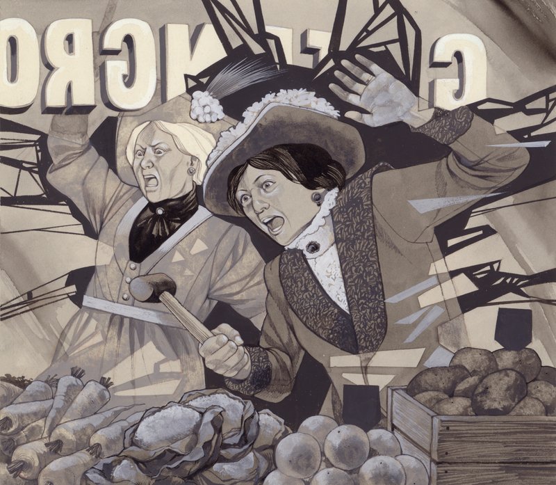 Suffragetter krossar fönster (gouache på papper) av Richard Hook