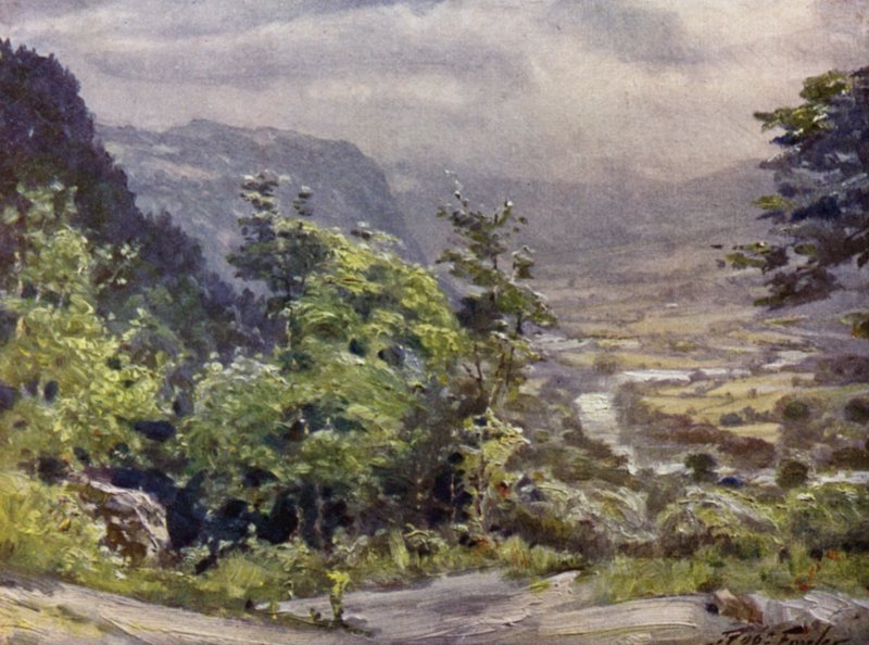 Conway Valley (färg litho) av Robert (after) Fowler