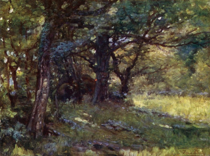 In the Woods, Berwyn (farve litho) sved av Robert (after) Fowler