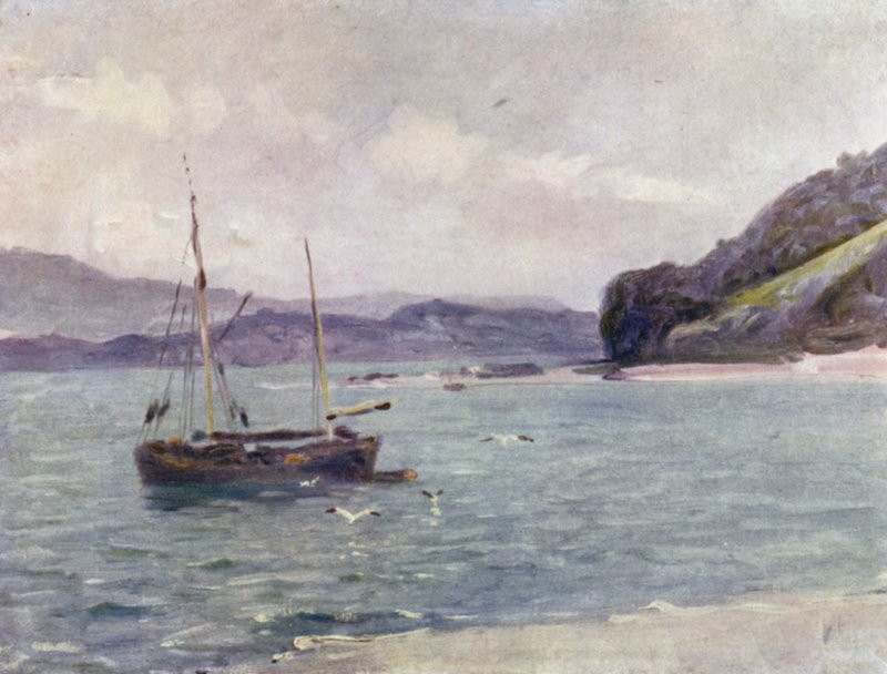 The Beach, Beaumaris (farve litho) swed av Robert (after) Fowler