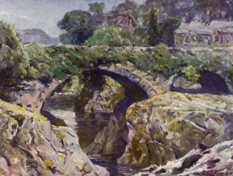 Den gamla bron, Bettws-y-Coed (färg litho) av Robert (after) Fowler