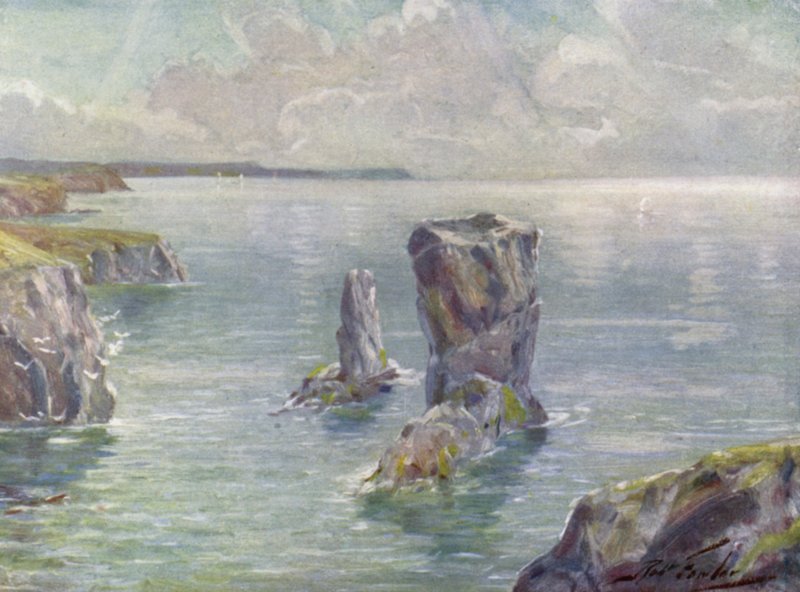 The Stacks, nära Tenby (färg litho) av Robert (after) Fowler