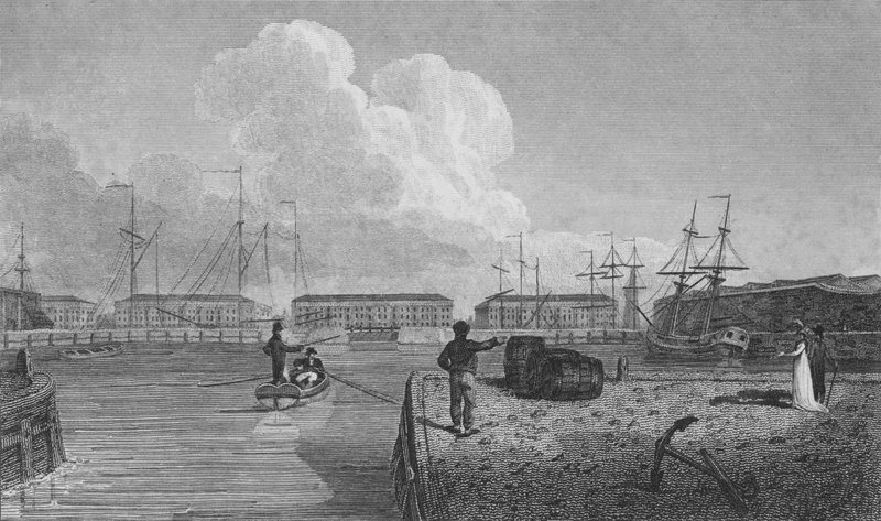 London Docks, Wapping (gravyr) av Robert Blemell (after) Schnebbelie