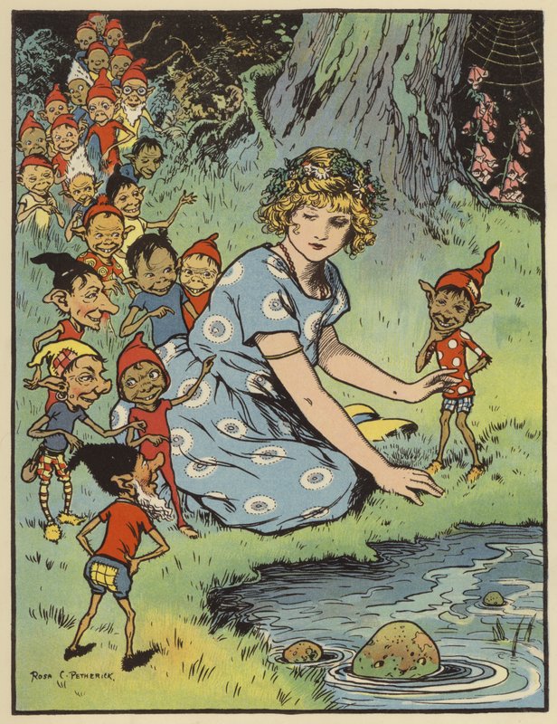Flicka omgiven av nisser (färg litho) av Rosa Petherick