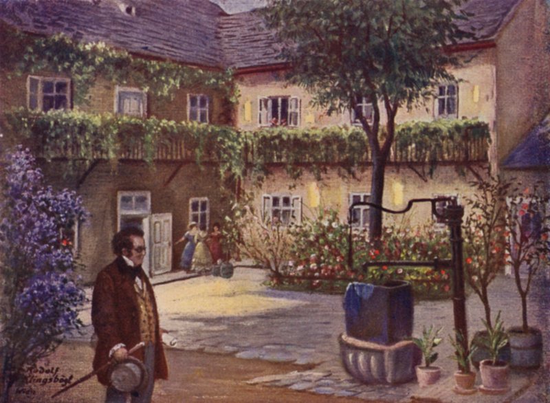 "Dreimaderlhaus" (färg litho) av Rudolf Klingsbogl