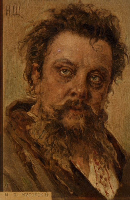 Porträtt av Modest Mussorgsky av Russian School