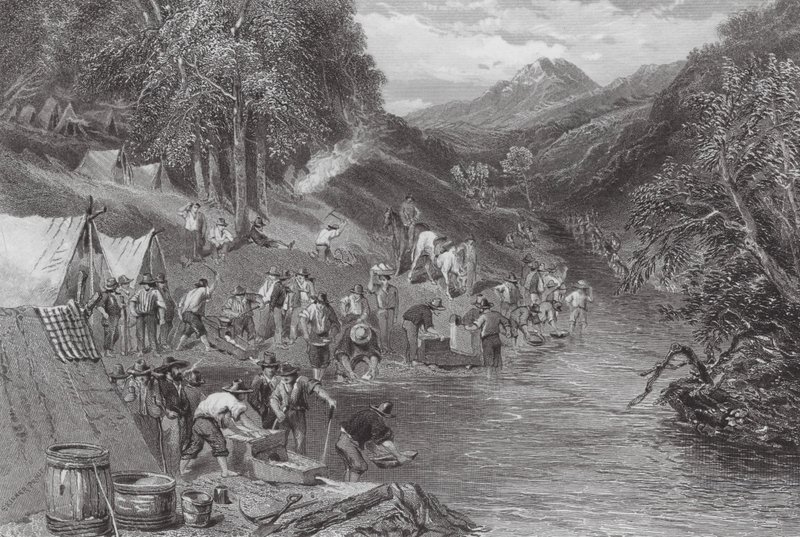 Australien: Alluvial guldvaskning (gravyr) av Samuel (after) Prout