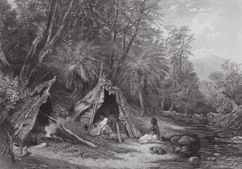 Australien: Infödingarnas läger (gravyr) av Samuel (after) Prout
