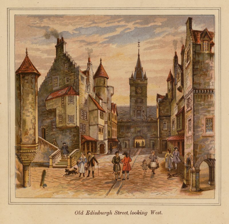 Old Edinburgh Street mot väster (färglitografi) av Scottish School
