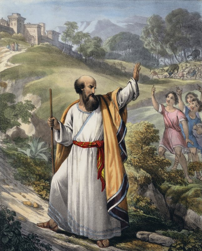 Små barn hånar Elisha (färgad gravyr) av Siegfried Detler Bendixen