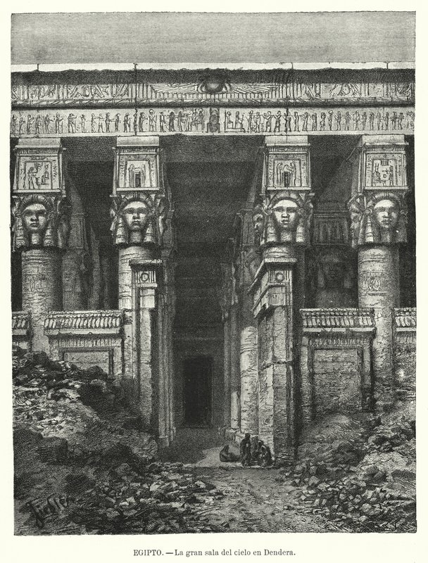Hathors tempel, Dendera, Egypten (litho) av Spanish School