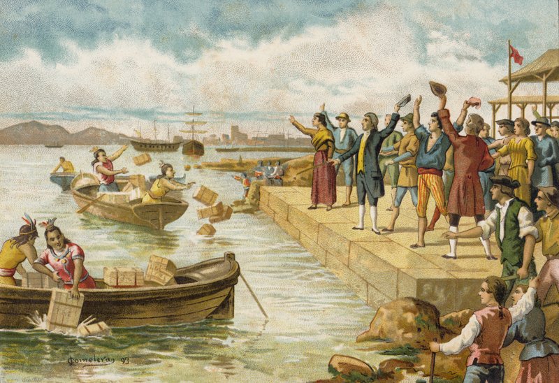 The Boston Tea Party, 1773 av Spanish School