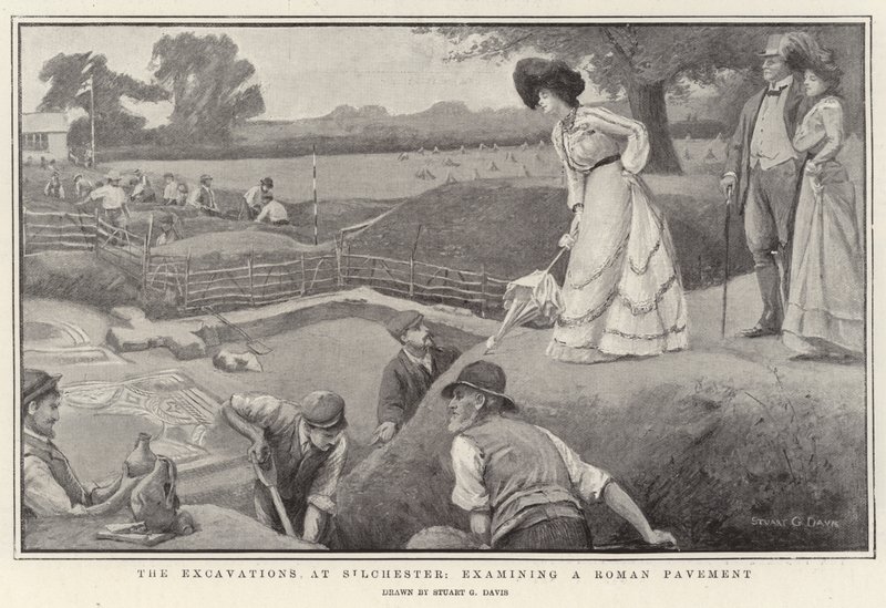 Utgrävningarna i Silchester, undersökning av en litho från en romersk trottoar av Stuart G. Davis