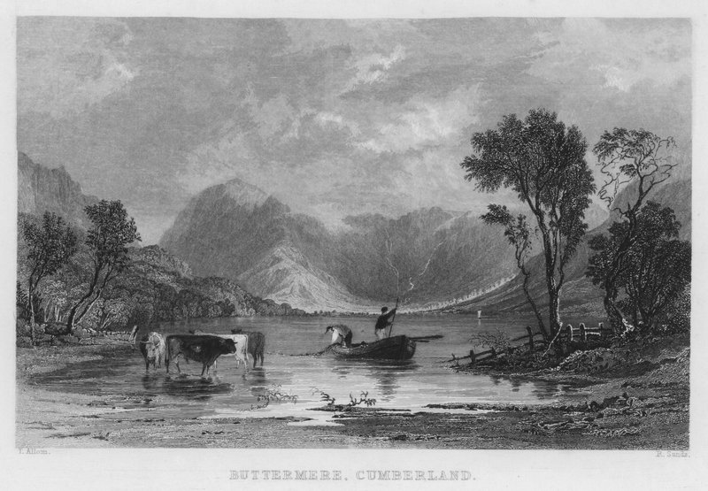 Buttermere, Cumberland (gravyr) av Thomas (after) Allom