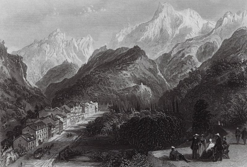 Eaux Bonnes, i Pyrenéerna (gravyr) av Thomas (after) Allom