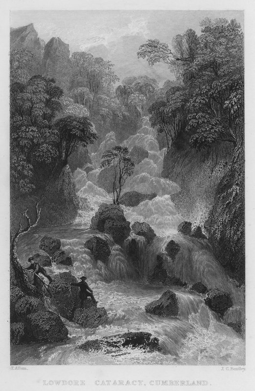 Lowdore Cataract, Cumberland (gravyr) av Thomas (after) Allom