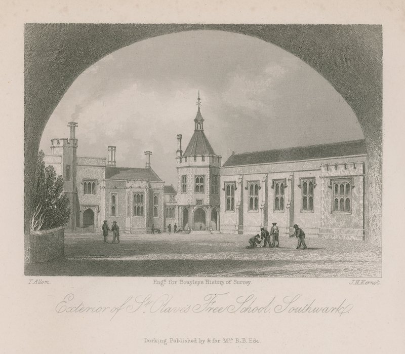 Exteriör av St Olaves Friskola av Thomas Allom