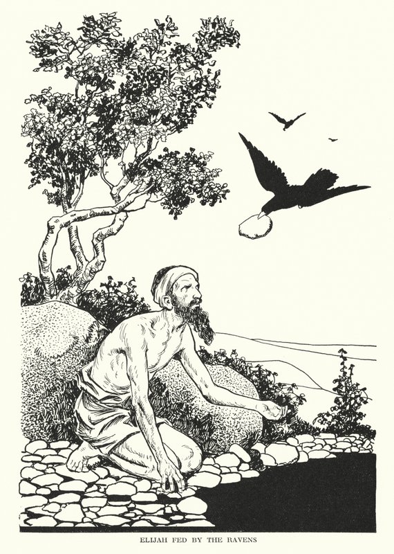 Elijah matad av korparna (litografi) av Thomas Heath Robinson